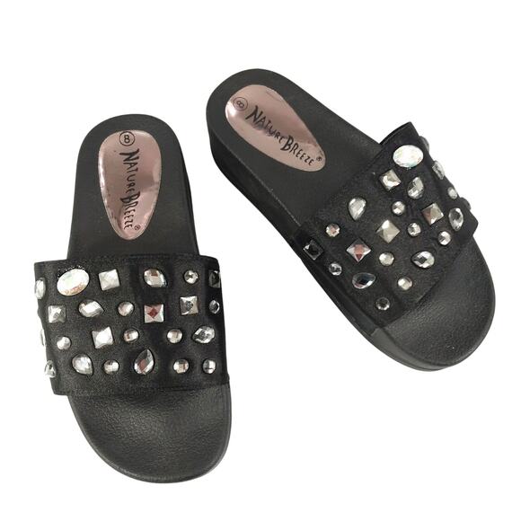 NATURE BREEZE! CHUNKY BLACK SOLED PLATFORM, RHINESTONE BANDED SANDALS! SZ 8 - Picture 1 of 8